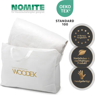 A white fabric bag containing a white duvet, with various certifications and branding visible.