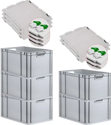 Produktbild von SuperSparSet 5x Eurobox NextGen Grip mit Scharnierdeckel und grünen Schiebeschnappverschlüssen | HxBxT 32x40x60cm | 65 Liter | Grau | Griffe offen | Verstärkter Boden | Eurobehälter, Transportbox, Transportbehälter, Stapelbehälter