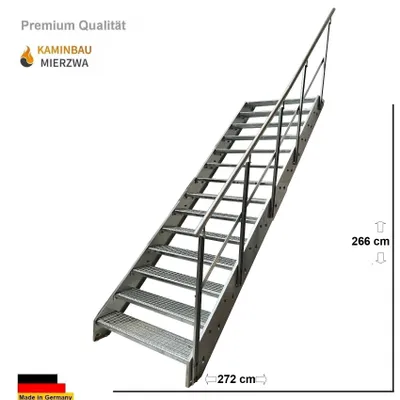 Zdjęcie produktu dla Schody z podłużnic stalowych Stopnie kraty 14 stopni Poręcz prawa - Ocynkowana - (szer. x wys. x gł.) 60 x 266 x 272 cm