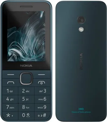 A front and back view of a dark blue Nokia 225 (2024) feature phone, displayed side-by-side.