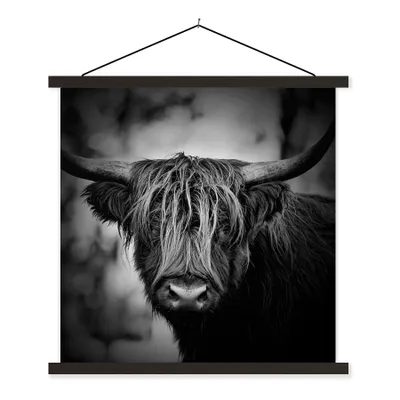 Produktbild von MuchoWow® Textilposter Schottischer Hochländer - Licht - Porträt - Natur 90x90 cm mit schwarzem Rahmen - Magnetisches