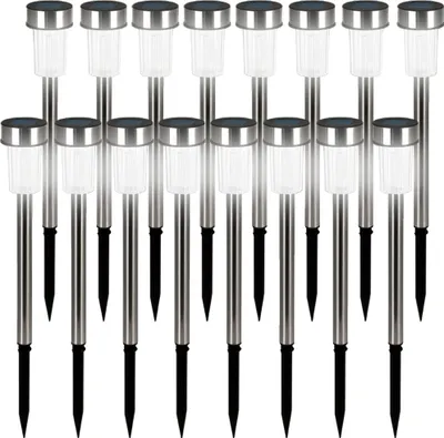 A set of 16 solar garden lights arranged in two rows.