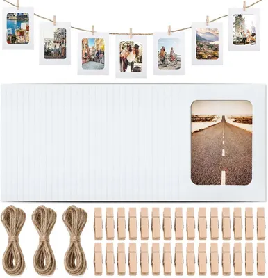Produktbild von Fotolisten Set, 30 Stück Papier, 3 Hanfseile, 30 Holzklammern, für Wanddekoration