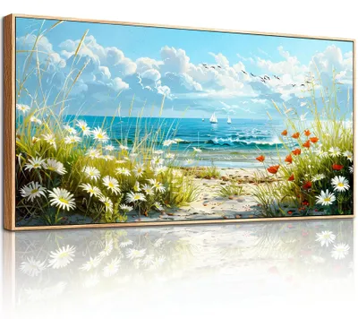 Leinwandbild Blumen Strand 60x120 cm mit Rahmen, Naturmotiv