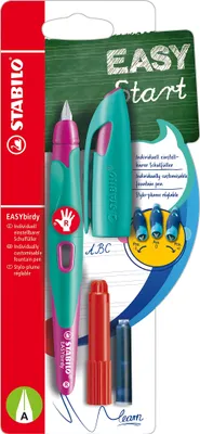 Obrázok produktu pre Ergonomické školské plniace pero pre pravákov s perom A pre začiatočníkov - STABILO EASYbirdy v tyrkysovej/neonovo ružovej farbe - jedno pero - vrátane náplne a nastavovacieho nástroja - farba písania modrá (vymazateľná)