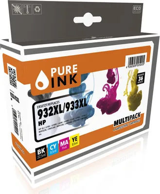 Produktbild von Pure Ink 170745990006, Hohe (XL-) Ausbeute, Schwarz, Cyan, Magenta, Gelb, 22,5 ml, 26 ml, 4 Stück(e), Multipack
