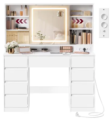 Zdjęcie produktu dla Toaletka z lustrem LED i 9 szufladami – biała – 40 x 110 x 141,5 cm