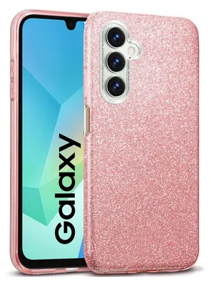 A pink glitter phone case is shown next to a Samsung Galaxy phone.