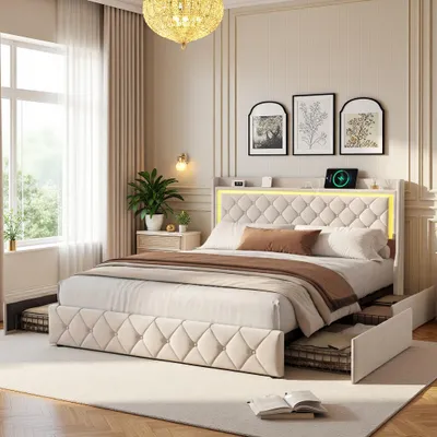 Obrázek produktu pro Postel INONEFT, čalouněná, rozměry 140x190 cm, s úložným prostorem, 4 zásuvky, manželská postel s USB porty/LED osvětlením, funkční postel s čelem, rám postele s lamelovým roštem, materiál: samet, barva: béžová