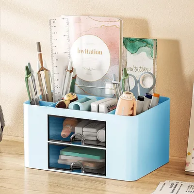 Produktbild von 7-Fächern Schreibtisch Organizer Tisch Organizer mit Schubladen Multifunktionaler Stifthalter-Organizer für Stifte Büro Zuhause Schule Blau