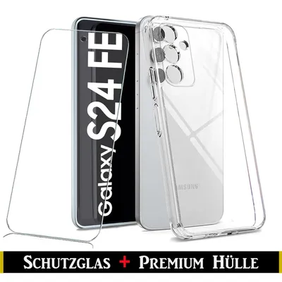A clear phone case and screen protector are displayed next to a smartphone.