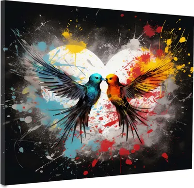 Produktbild von 2 Vögel Pop Art Herz Love Leinwandbild Wandbild Kunstdruck XL Wanddeko: 60x60x2cm