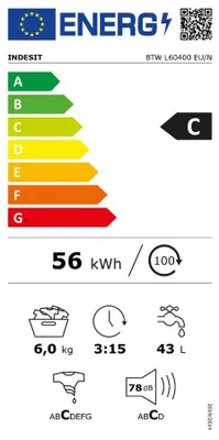 Produktbild von Indesit BTW L60400 EU/N, Toplader, 6 kg, C, 78 dB, 1000 RPM, C