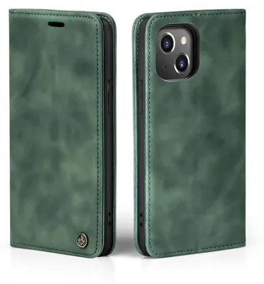 A green flip case for an iPhone 14 is shown from two angles.