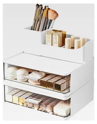 Produktbild von Make-up-Organizer mit 2 Schubladen, stapelbarer Kosmetik-Organizer für Badezimmer und Hautpflege