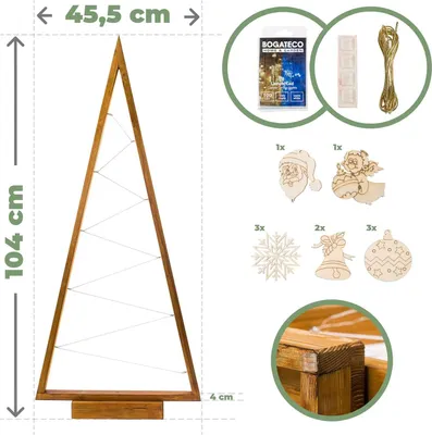 A wooden Christmas tree decoration set with LED lights and various ornaments.