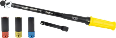 A torque wrench set with multiple sockets and an extension bar, displayed on a white background.