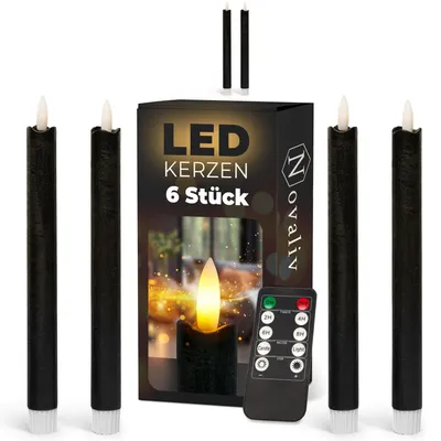 Zdjęcie produktu dla Świece LED na baterie z timerem, czarne, 8 sztuk, do użytku wewnątrz pomieszczeń, czas świecenia: 6 godzin, wykonane z prawdziwego wosku, wysokość: 23 cm, średnica: 2,2 cm, wymagane 2 baterie AAA. Zestaw 4 sztuk czarnych świec LED (po 2 sztuki), ruchomy płomień, światło