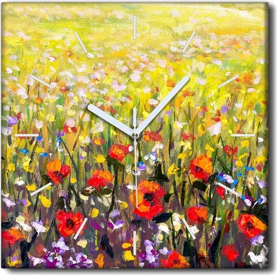 Produktbild von Coloray Uhr auf Leinwand 30x30 cm Wand Uhr Dekoration Wohnzimmer Segeltuch weiße Zeiger -Landschaft der Wieseblumen