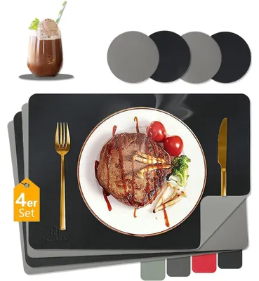 Produktbild von Platzsets Abwaschbar Kunstleder Hitzebeständig 4er Set Schwarz+Grau 43x30cm inkl. Untersetzer