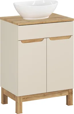 Produktbild von Badezimmer-Waschtisch 60 cm in kaschmir und Eiche mit Aufsatzwaschbecken, 2-türig - SOLNA-56-CASHMERE