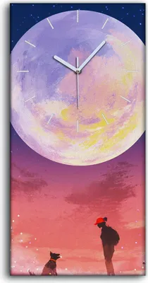 Produktbild von Wohnzimmer-Bild Leinwand Uhr Kunstdruck 30x60 Frau mit Hund Nacht riesiger Mond - weiße Hände