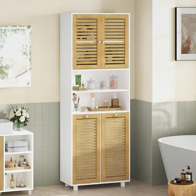 Produktbild von Badezimmerschrank mit Wäschekörbe, Badschrank mit 3 offenen Fächern und 2 Wäscheboxen, herausnehmbarer Wäschesack mit Griffen, Badezimmer Hochschrank mit verstellbare Ablage, 60 x 30 x 170 cm