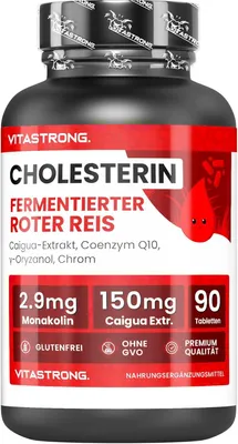 Produktbild von Cholesterin-Stoffwechsel Ergänzung – Fermentierter Roter Reis, Caigua, ?-Oryzanol, Policosanol, Coenzym Q10 und Chrom – 90 Tabletten – Vitastrong Qualität – Fermentierter Roter Reis Cholesterin