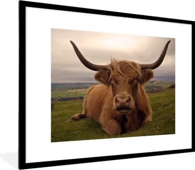 Produktbild von MuchoWow® Gerahmtes Poster Schottischer Highlander - Tiere - Berg 80x60 cm - Poster mit Schwarzem Bilderrahmen Wandposter Rahmen Foto Bilder - Schlafzimmer-Dekorationen - Fotoposter
