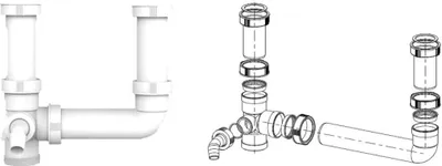 A white plumbing trap assembly for a double sink, shown from two different angles. The left image shows the assembled product, while the right image shows the components exploded.