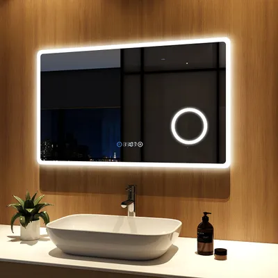 Produktbild von Meykoers LED Badspiegel 100x60cm Badspiegel mit Beleuchtung 3 Lichtfarbe 3000-6500K Lichtspiegel Badezimmerspiegel Wandspiegel mit Touchschalter und Uhr IP44 energiesparend