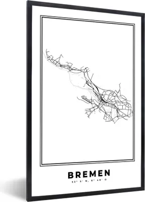Produktbild von MuchoWow® Gerahmtes Poster Karte - Stadtplan - Bremen - Deutschland - Schwarz und weiß 20x30 cm - Poster mit Schwarzem Bilderrahmen Wandposter Rahmen Foto Bilder - Drucken - Bilder Poster im Rahmen