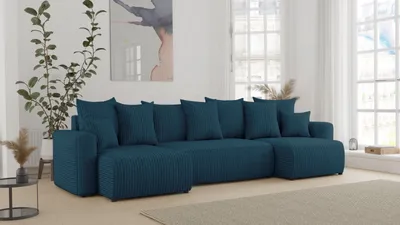 Produktbild von Ecksofa mit Schlaffunktion und Bettkasten DENVER – U-Form in Stilvollem POSO Blau