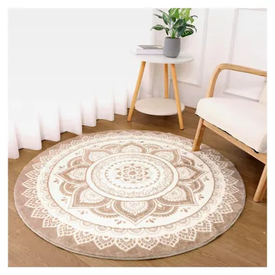 Produktbild von Runder Boho Teppich, 120 cm, Kurzflor, Waschbar, Rutschfest, Flauschig, Weich, Für Schlafzimmer und Wohnzimmer, Beige