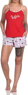 Produktbild von Süsser ärmelloser Damen Schlafanzug Shorty mit Spaghetti-Trägern und Erdbeeren als Motiv ; rot , 44
