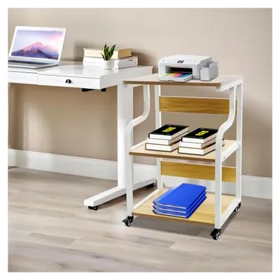 Produktbild von Druckertisch mit Rollen, mobiler 3-stufiger Druckerständer, Stauraum aus Holz für Büro und Homeoffice, 50 x 40 x 74,5 cm