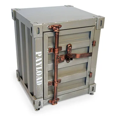 A product shot of a metal side table designed to look like a shipping container.
