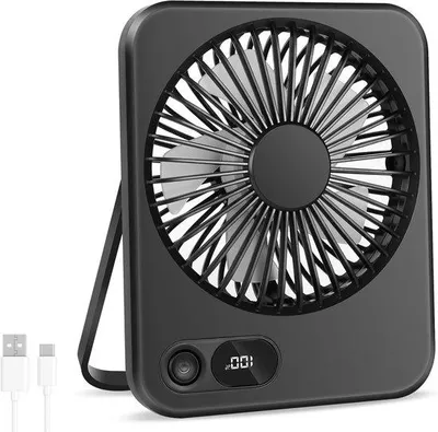 Image de Ventilateur de table USB-C rechargeable avec écran LED, pliable et silencieux, mini-ventilateur orientable à 180° pour une utilisation au bureau et à la maison, batterie de 2000 mAh