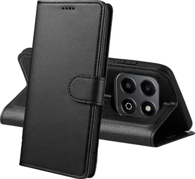 A black leather flip case for a smartphone is shown against a white background. The case is open, revealing the phone's camera module.