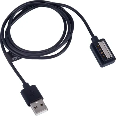 A black charging cable with a USB connector on one end and a magnetic connector on the other.