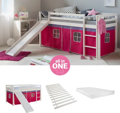 Produktbild von Homestyle4u Hochbett 90x200 mit Matratze Rutsche Vorhang pink Kinderbett Weiß Holz Kiefer Massiv Lattenrost