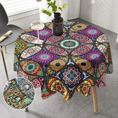 Obrázok produktu pre Okrúhla obrus, priemer 150 cm, štýl boho, s motívom mandaly, vyrobená z polyesteru, vhodná na vonkajšie použitie, odolná voči poveternostným vplyvom, obrus na záhradný stôl