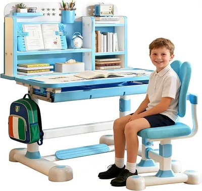 Imagen del producto de Conjunto de escritorio infantil, escritorio ajustable en altura para niños con silla, superficie de escritorio inclinable hasta 50 grados, estantería y cajón, ideal para dormitorios y estudios (Azul B)