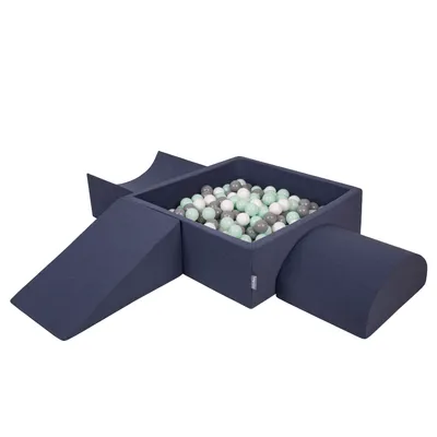 Obrázok produktu pre KiddyMoon Mäkké penové ihrisko pre deti s Štvorec loptičkovým ihriskom (200 ∅ 7 cm) s mäkkými prekážkami a loptičkovým bazénom,  vyrobené v EÚ, Tmavomodrá:Biela/Grey/Mätový, Verzia 4