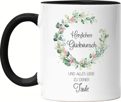 Produktbild von Herzlichen Glückwunsch und Alles Liebe zur Taufe Tasse Schwarz Patenkind Patenonkel Patentante Kirche Geschenk zur Taufe