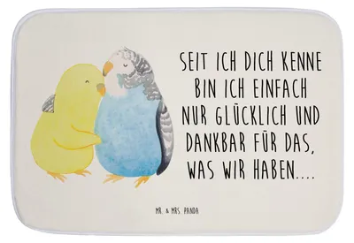 Produktbild von Mr. & Mrs. Panda Badematte Wellensittich Liebe - Weiß - Geschenk, Kuscheln, Nähe, Freundin, duschmatte, Badvorleger, Umarmung, Badezimmer Matte, Badteppich, Verknallt