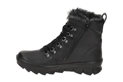 A black women's boot with fur lining, shown from the side.