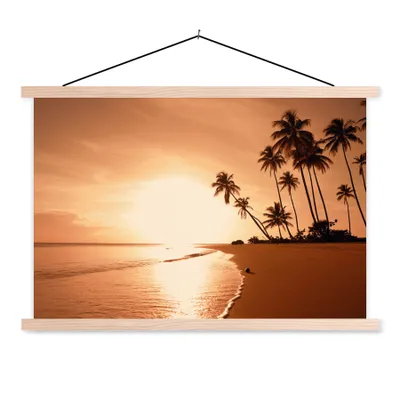 Produktbild von MuchoWow® Textilposter Sonnenuntergang - Tropisch - Palme - Strand - Meer 120x80 cm mit holzfarbenen Rahmen - Aufhängeset