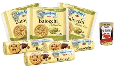 Produktbild von Italian Gourmet - Baiocchi Keks Mix Nocciolatte & Pistaziencreme, 6er Pack italienische Doppelkekse gefüllt für Frühstück, Snack und Dessert, ohne Palmöl + Italian Gourmet polpa