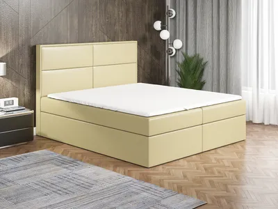 Produktbild von Boxspringbett ROGER  180x200 mit 2 Bettkästen, Bonell-Matratze und Topper. Dekorative Stifte an den Seiten der Kopfstütze. Bett Komplett-Set mit Matratze,Bettkasten & Kopfteil. Stoff Eko Cayenne. Elegantes Bett mit massives Kopfteil.